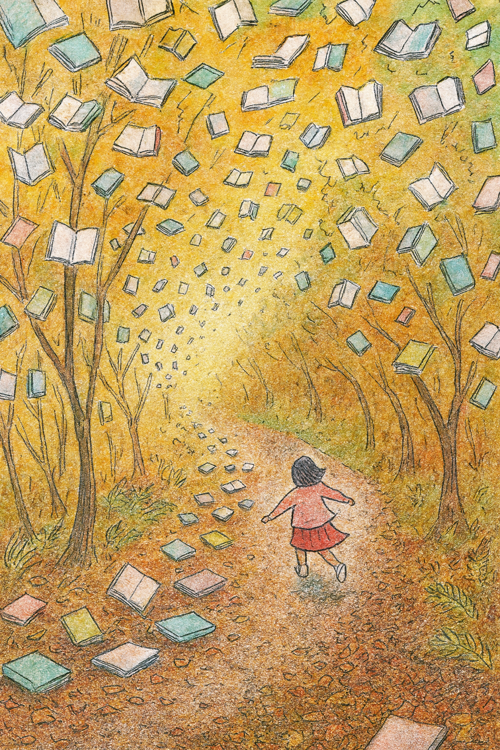 A child walking through a forest where books grow like leaves on trees, symbolizing a magical journey through stories and nature.